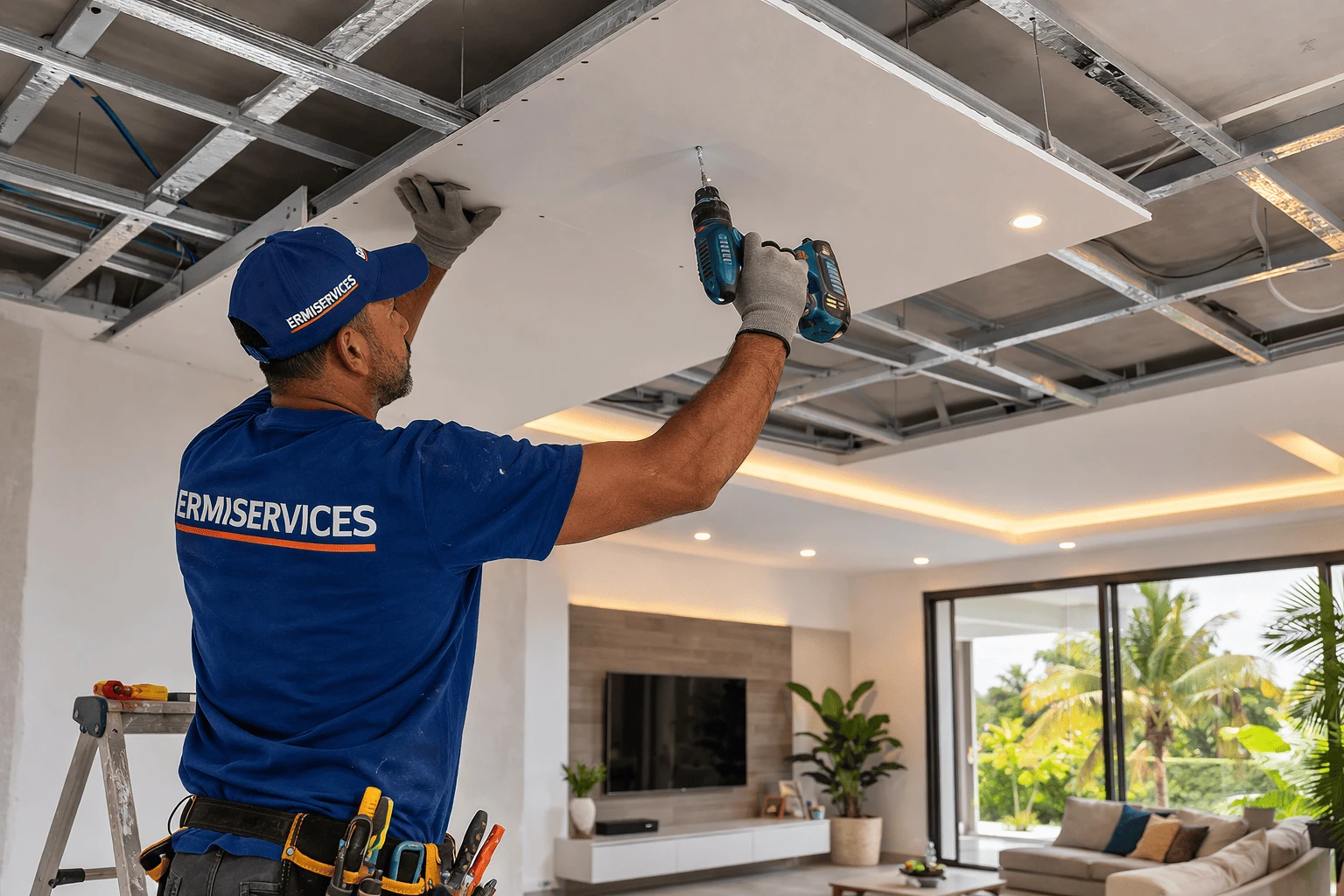 “Travaux de faux plafond avec éclairage LED réalisés par Ermiservices dans une maison à Macouria.”