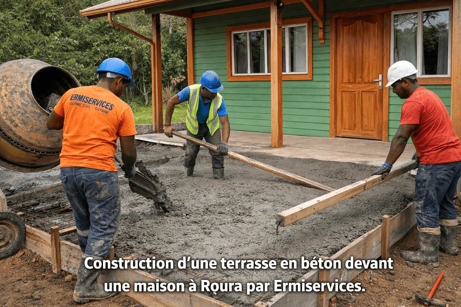 Travaux de consolidation d’un mur dans une maison à Matoury par Ermiservices.”