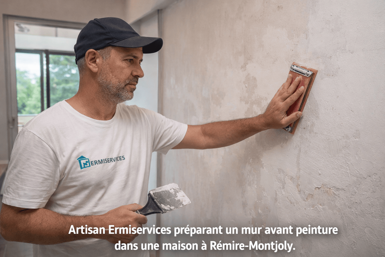 “Peintre Ermiservices appliquant de la peinture blanche sur un mur intérieur moderne à Cayenne, rouleau visible, style photo professionnelle.”