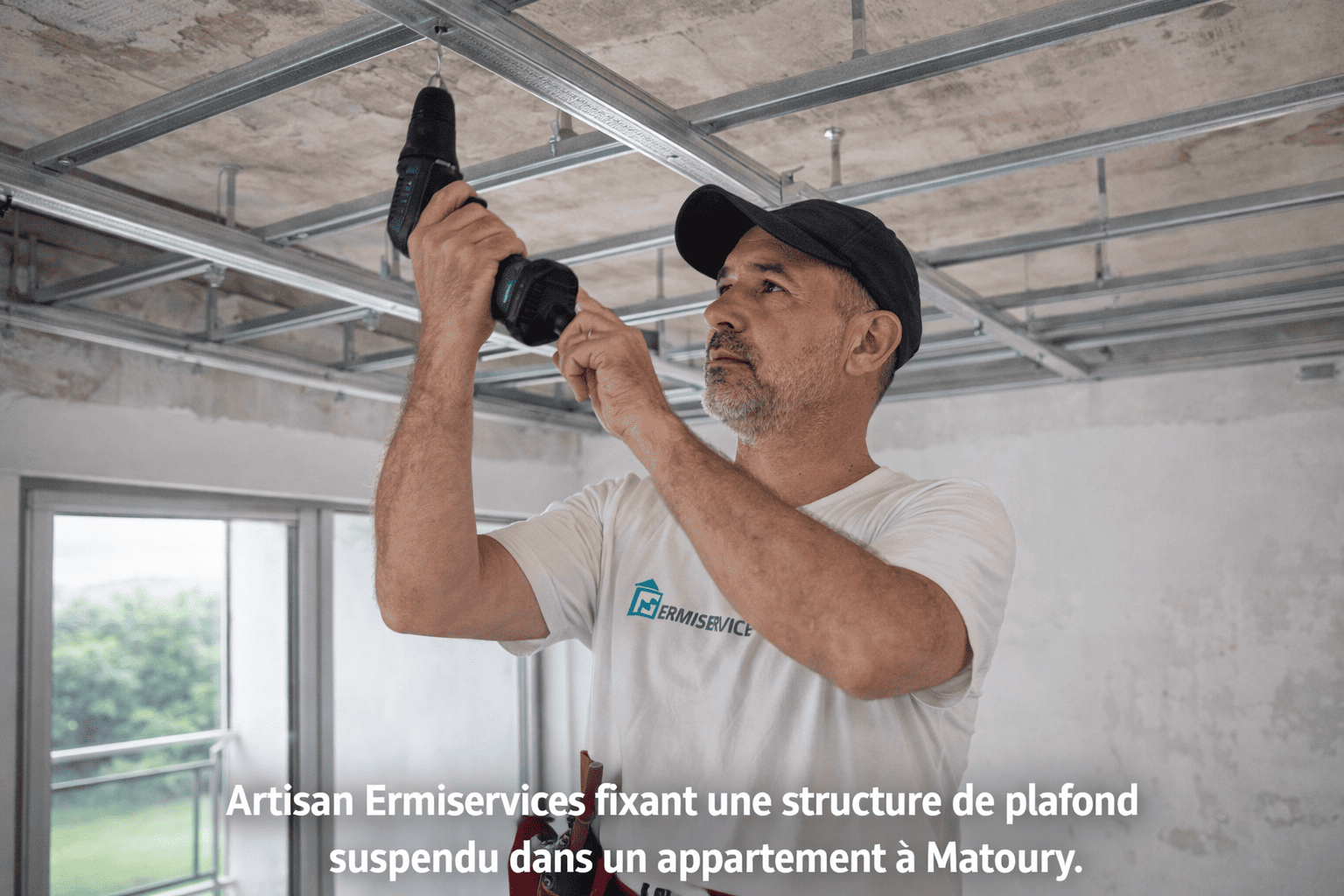 “Technicien Ermiservices installant un faux plafond en plaques de plâtre dans un salon moderne à Cayenne, structure métallique visible.”