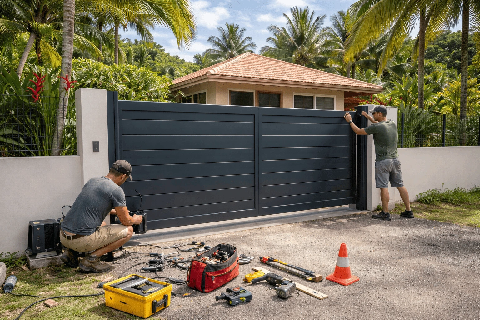 Equipe-ermiservices-realisant-montage-de-portail-electrique-dans-entreprise-a-Kourou-cablage-organise-environnement-professionnel.