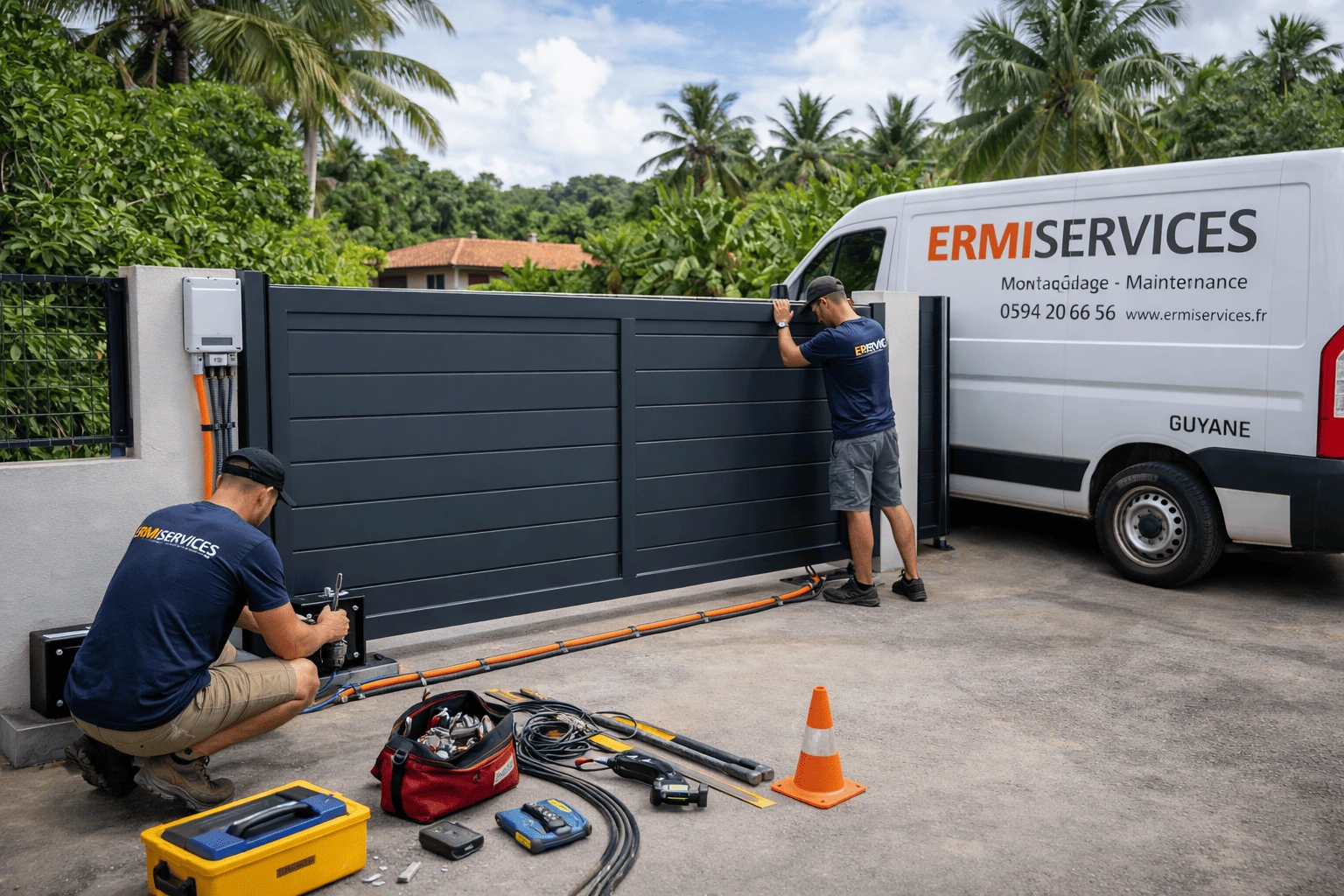 Équipe ermiservices réalisant montage de portail électrique dans entreprise à Kourou, câblage organisé environnement professionnel