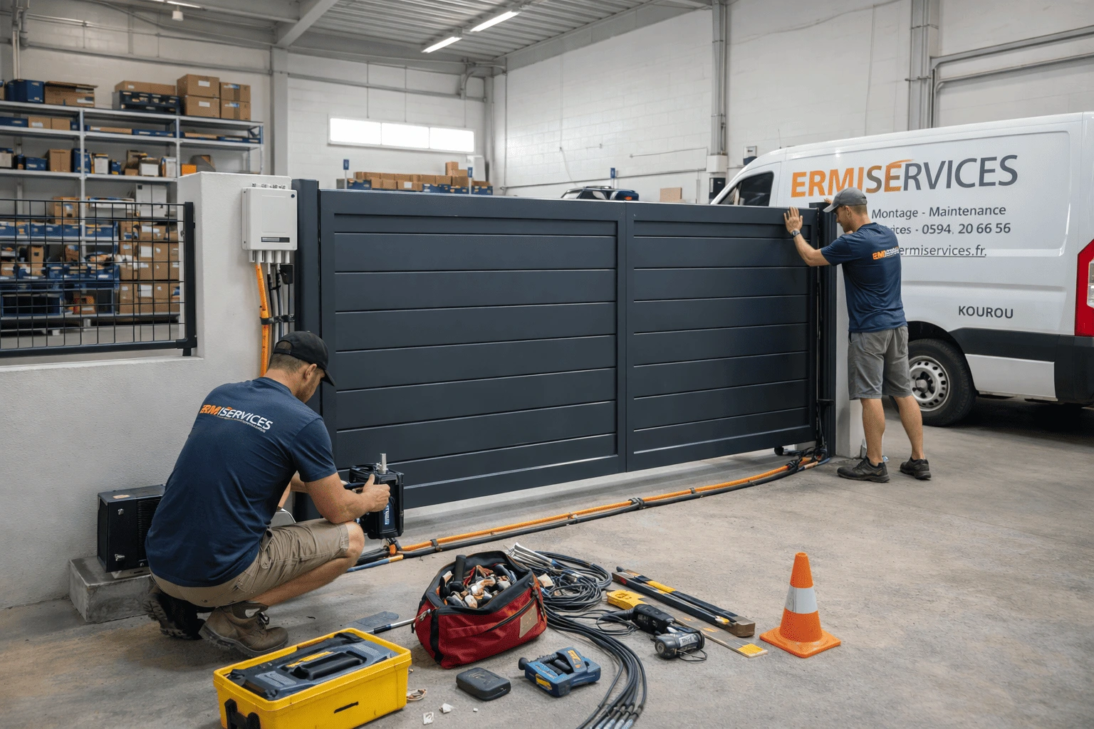 
Technicien-ermiservices-configurant-motorisation-portail-dans-residence-moderne-vegetation-tropicale-materiel-prolumiere-douce.