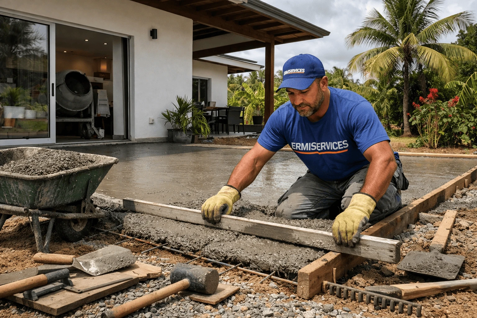 Travaux-de-renovation-de-mur-exterieur-a-Macouria-par-un-macon-Ermiservices-outils-de-maconnerie-visible