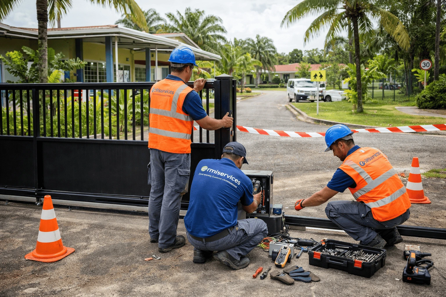 
ermiservices-effectuant-maintenance-portail-electrique-dans-residence-a-Cayenna-outils-professionnels-portail-ouvert-vegetation-tropicale