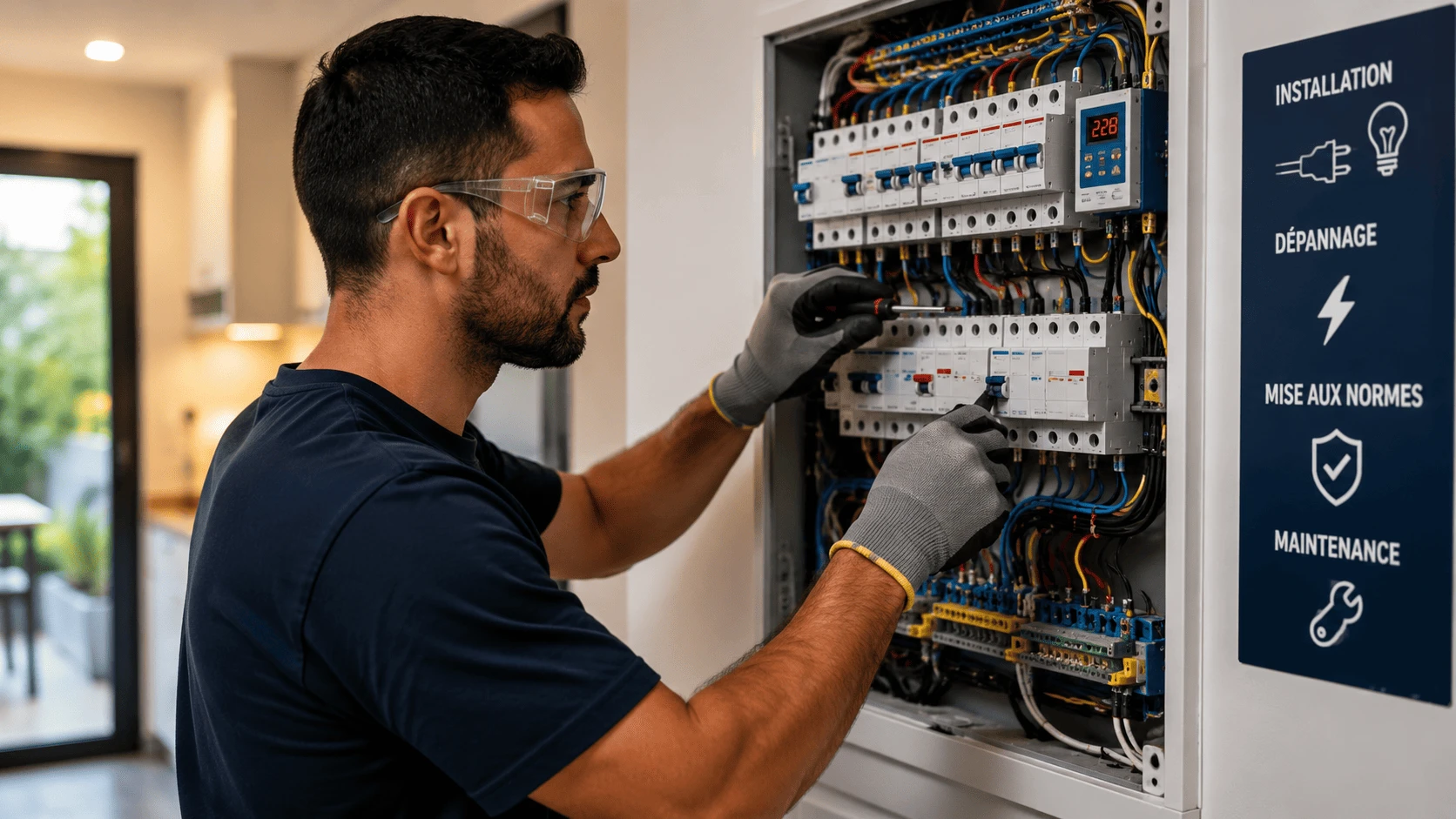 Intervention-durgence-electrique-dans-un-commerce-moderne-en-Guyane-francaise-electricien-equipe-tableau-ouvert-scene-dynamique-et-professionnelle.