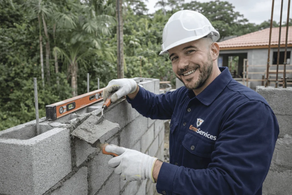 Maçon Ermiservices construisant un mur à Cayenne