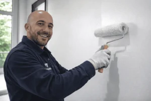 Artisan Ermiservices préparant un mur avant peinture dans une maison à Rémire-Montjoly.”