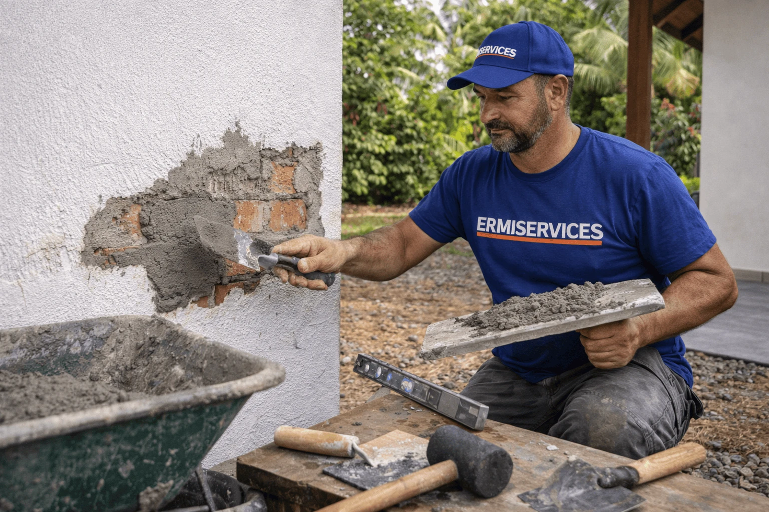 Maçon Ermiservices réparant une fissure dans un mur extérieur à Cayenne