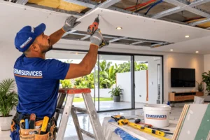 “Artisan Ermiservices fixant une structure de plafond suspendu dans un appartement à Matoury.”