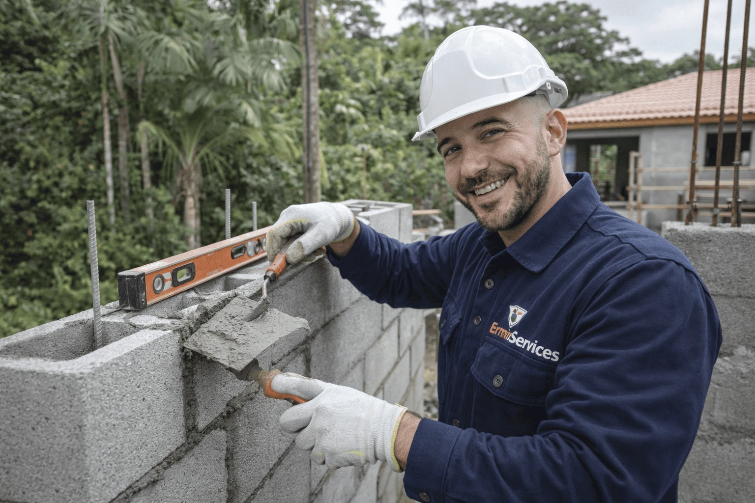 Macon-Ermiservices-construisant-un-mur-en-blocs-dans-une-maison-a-Cayenne-casque-de-securite-chantier-propre