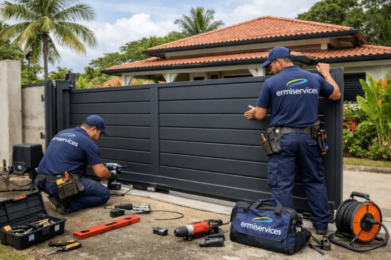 Techniciens-installant-un-portail-electrique-moderne-devant-une-maison-tropicale-a-Cayenna