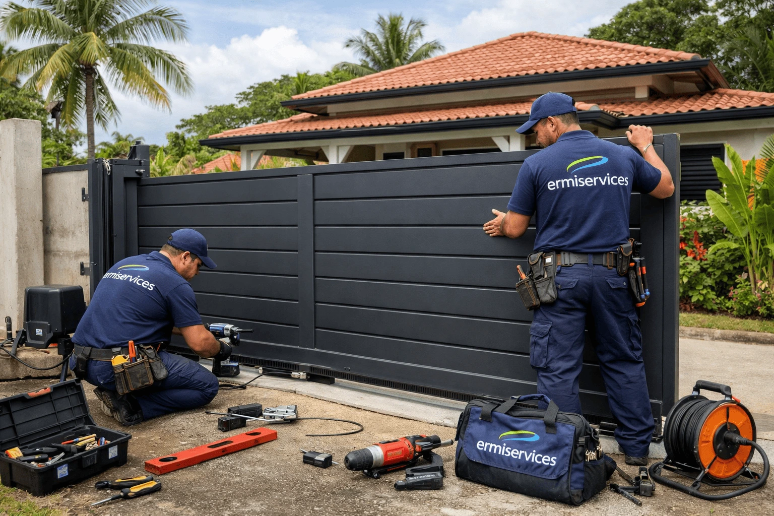 Techniciens-installant-un-portail-electrique-moderne-devant-une-maison-tropicale-a-Cayenna