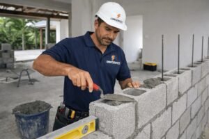 “Chantier de construction d’un mur extérieur par un maçon Ermiservices à Macouria, casque de sécurité, ambiance chantier professionnel.”