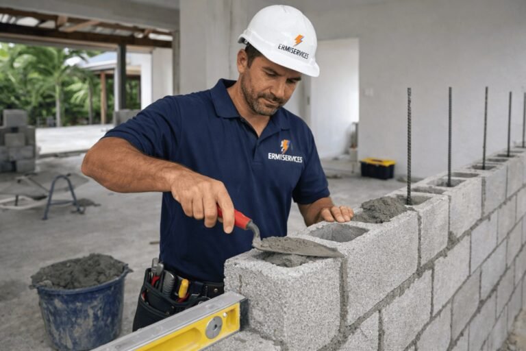 “Chantier de construction d’un mur extérieur par un maçon Ermiservices à Macouria, casque de sécurité, ambiance chantier professionnel.”